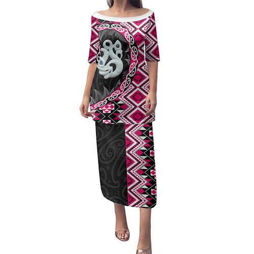 Pink Taniko Motif Aotearoa Manaia and Silver Fern Family Matching Puletasi and Hawaiian Shirt