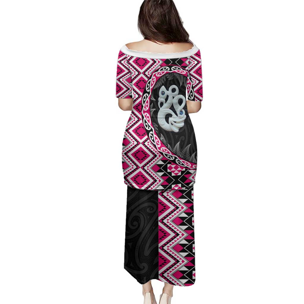 Pink Taniko Motif Aotearoa Manaia and Silver Fern Family Matching Puletasi and Hawaiian Shirt