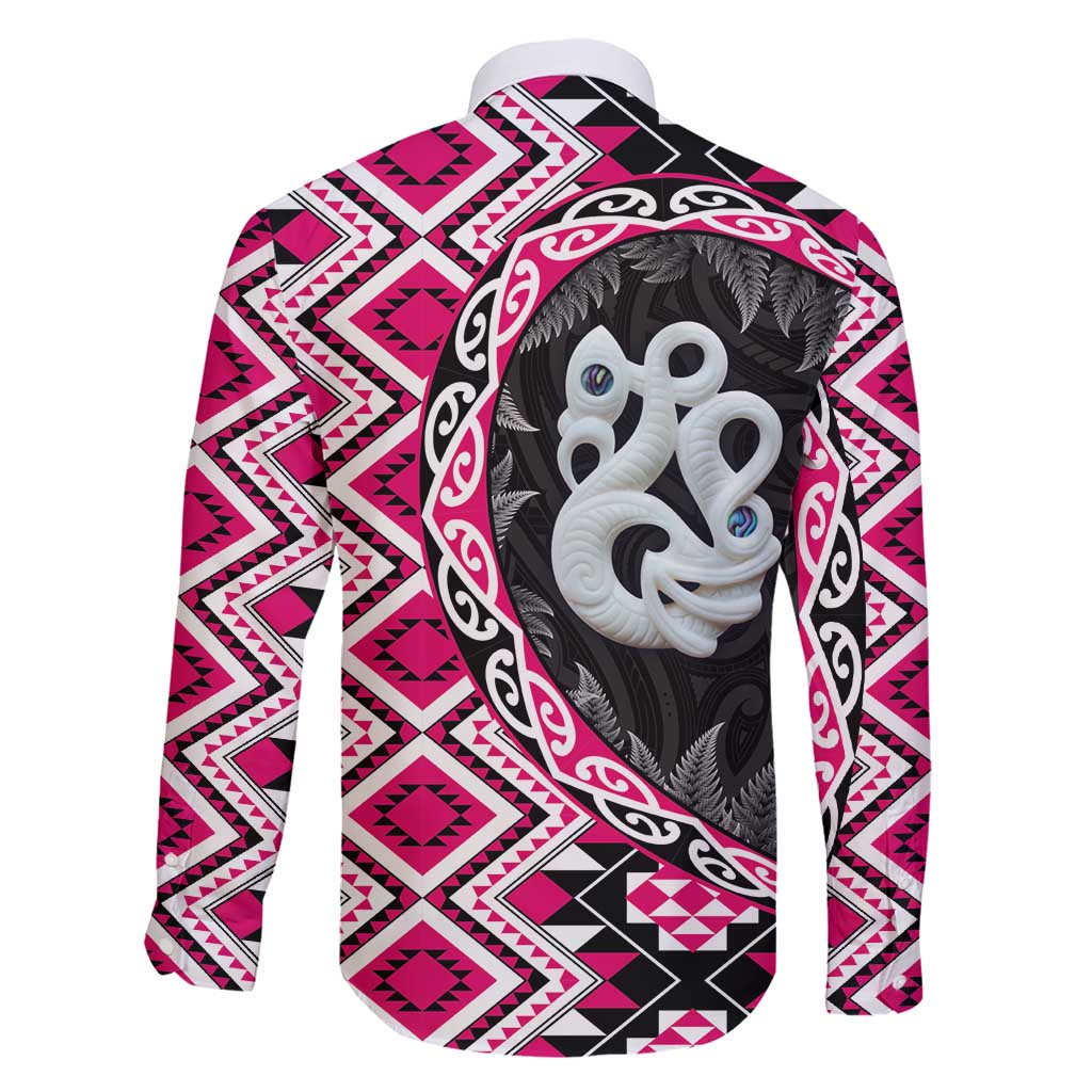 Pink Taniko Motif Aotearoa Manaia and Silver Fern Family Matching Short Sleeve Bodycon Dress and Hawaiian Shirt