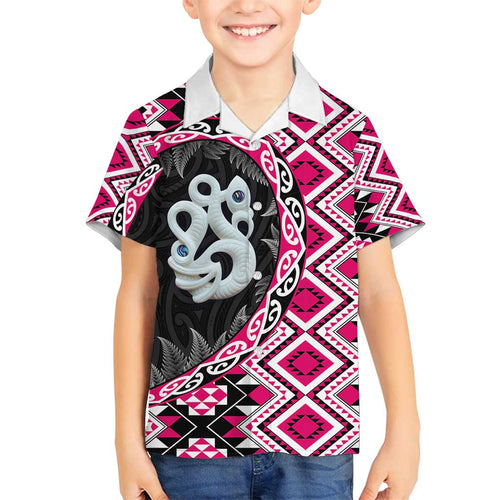 Pink Taniko Motif Aotearoa Manaia and Silver Fern Family Matching Tank Maxi Dress and Hawaiian Shirt