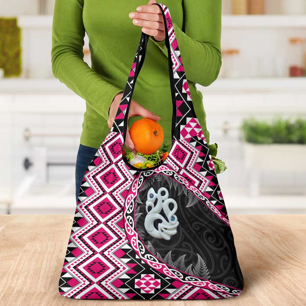 Pink Taniko Motif Aotearoa Manaia and Silver Fern Grocery Bag