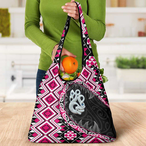 Pink Taniko Motif Aotearoa Manaia and Silver Fern Grocery Bag