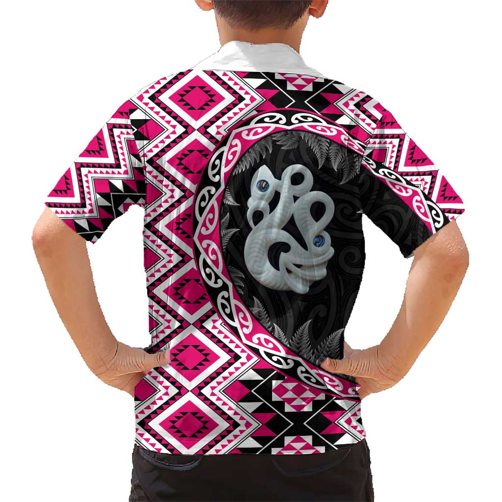 Pink Taniko Motif Aotearoa Manaia and Silver Fern Kid Hawaiian Shirt
