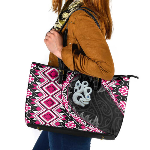Pink Taniko Motif Aotearoa Manaia and Silver Fern Leather Tote Bag