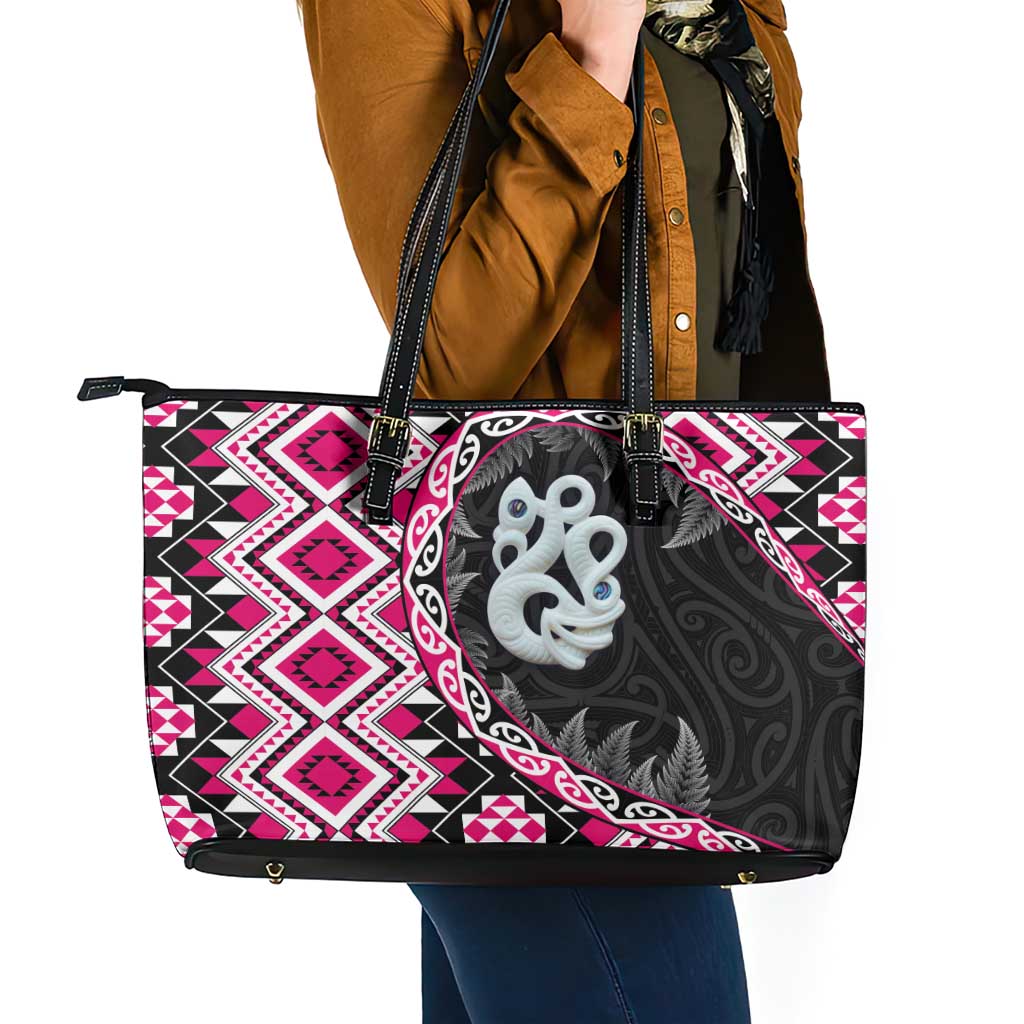 Pink Taniko Motif Aotearoa Manaia and Silver Fern Leather Tote Bag