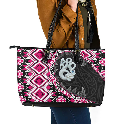 Pink Taniko Motif Aotearoa Manaia and Silver Fern Leather Tote Bag