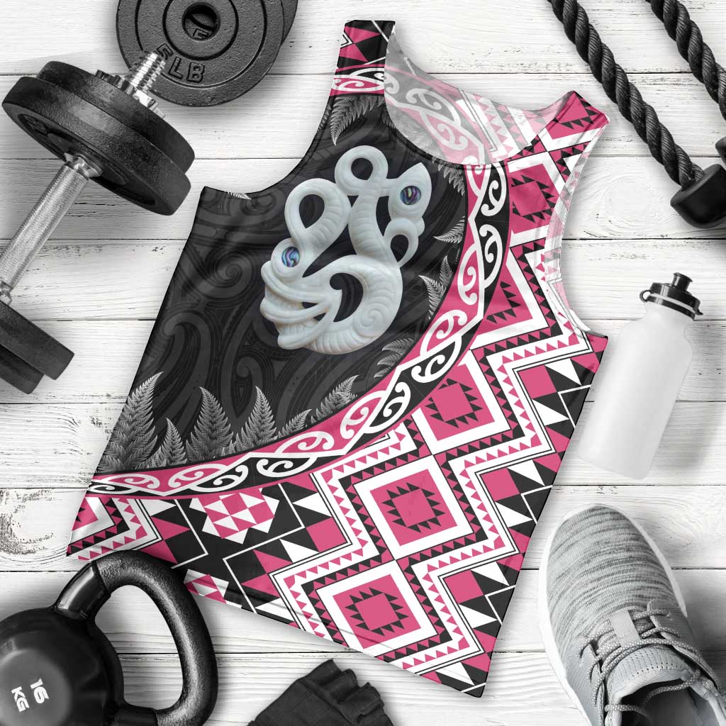 Pink Taniko Motif Aotearoa Manaia and Silver Fern Men Tank Top