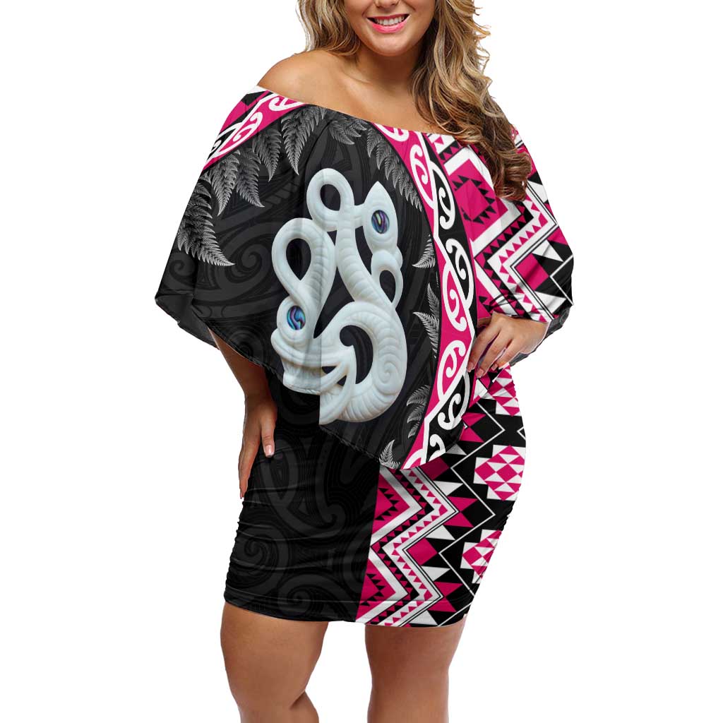 Pink Taniko Motif Aotearoa Manaia and Silver Fern Off Shoulder Short Dress