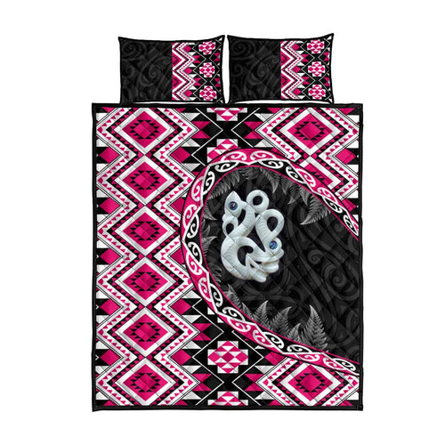 Pink Taniko Motif Aotearoa Manaia and Silver Fern Quilt Bed Set