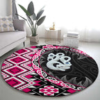 Pink Taniko Motif Aotearoa Manaia and Silver Fern Round Carpet