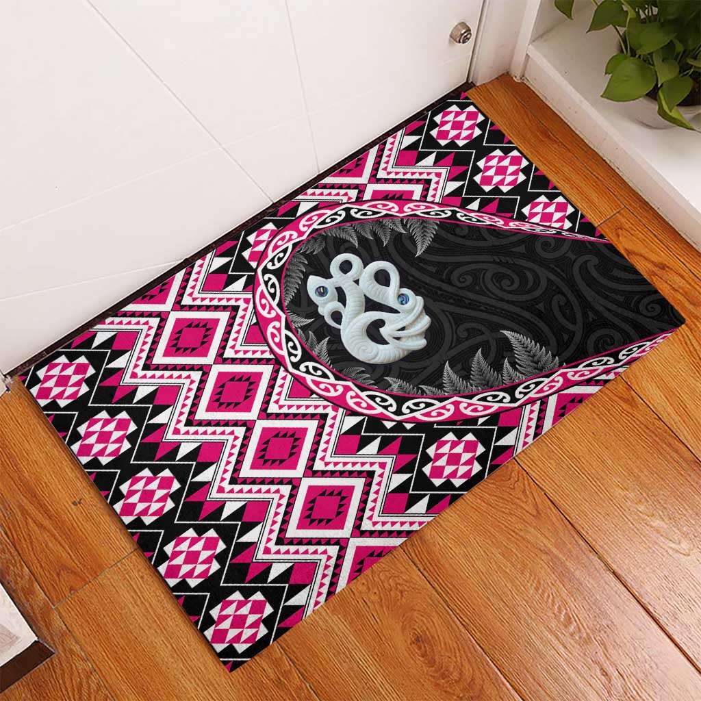 Pink Taniko Motif Aotearoa Manaia and Silver Fern Rubber Doormat