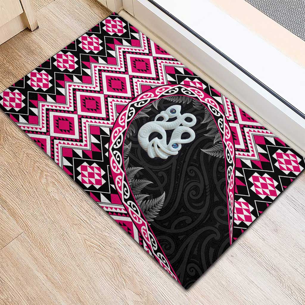 Pink Taniko Motif Aotearoa Manaia and Silver Fern Rubber Doormat