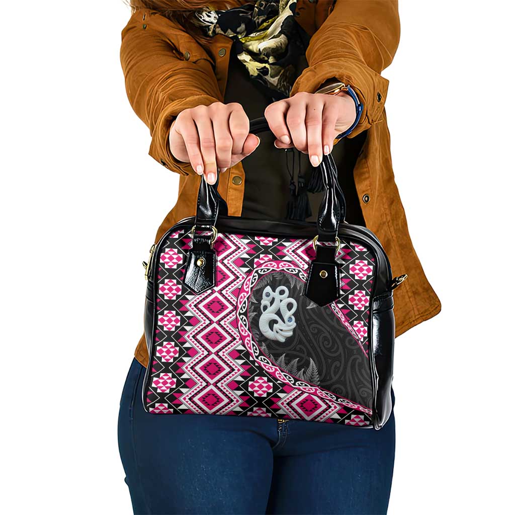 Pink Taniko Motif Aotearoa Manaia and Silver Fern Shoulder Handbag