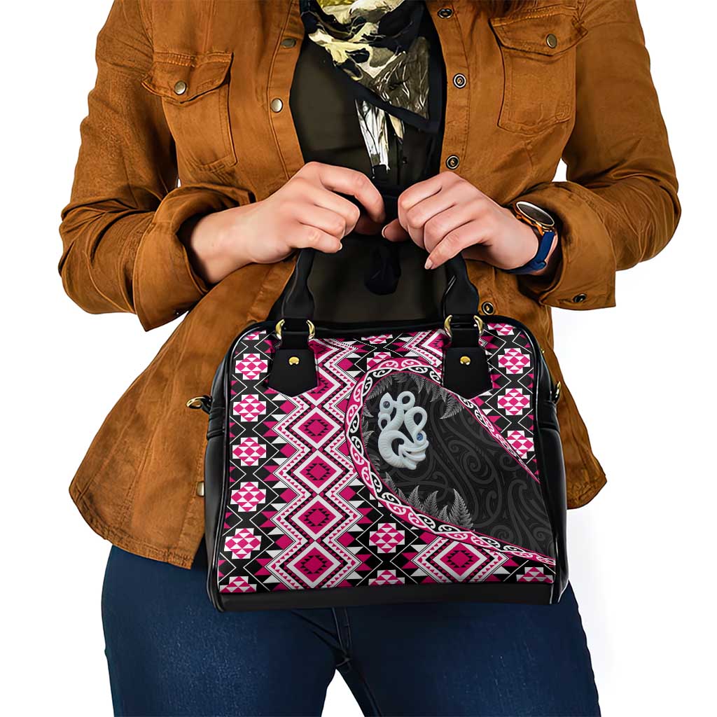 Pink Taniko Motif Aotearoa Manaia and Silver Fern Shoulder Handbag