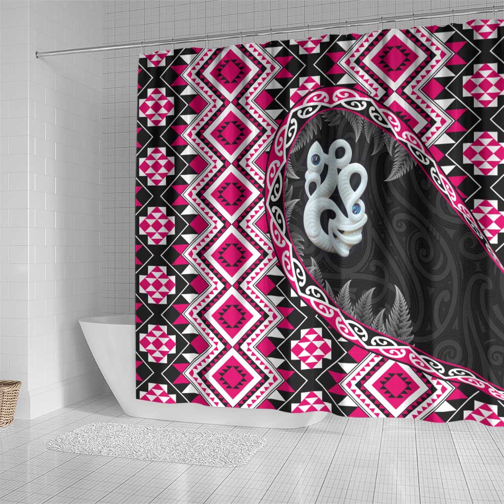 Pink Taniko Motif Aotearoa Manaia and Silver Fern Shower Curtain