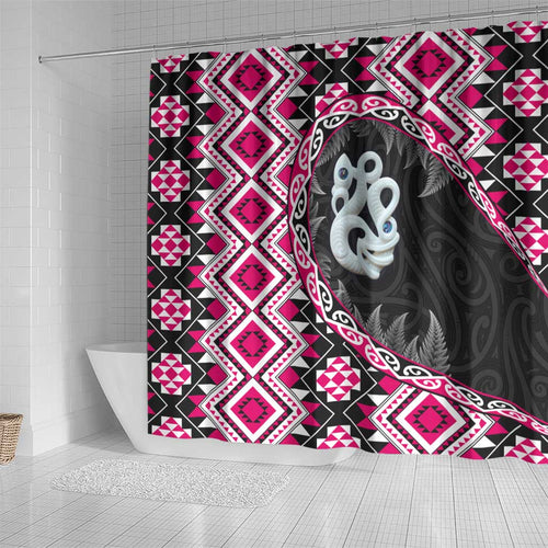 Pink Taniko Motif Aotearoa Manaia and Silver Fern Shower Curtain