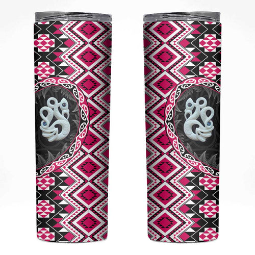 Pink Taniko Motif Aotearoa Manaia and Silver Fern Skinny Tumbler