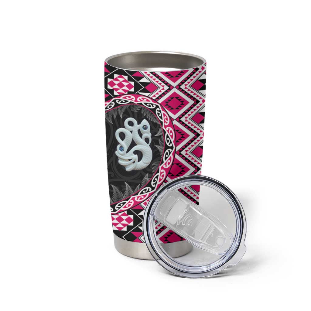 Pink Taniko Motif Aotearoa Manaia and Silver Fern Tumbler Cup