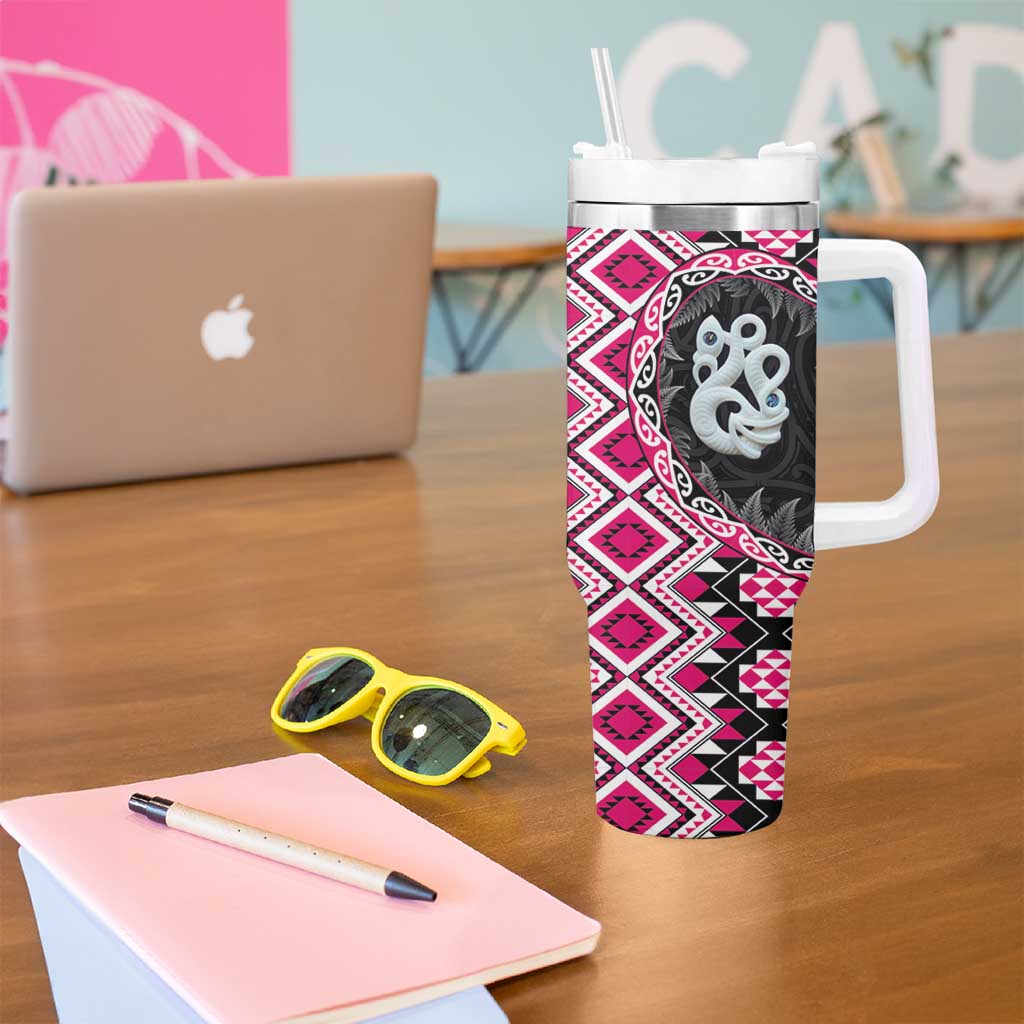 Pink Taniko Motif Aotearoa Manaia and Silver Fern Tumbler With Handle