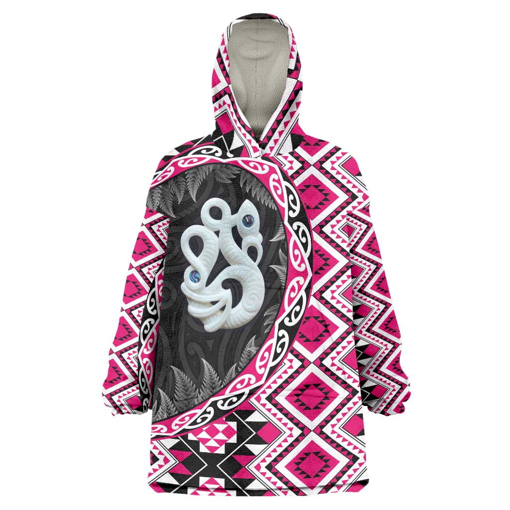Pink Taniko Motif Aotearoa Manaia and Silver Fern Wearable Blanket Hoodie