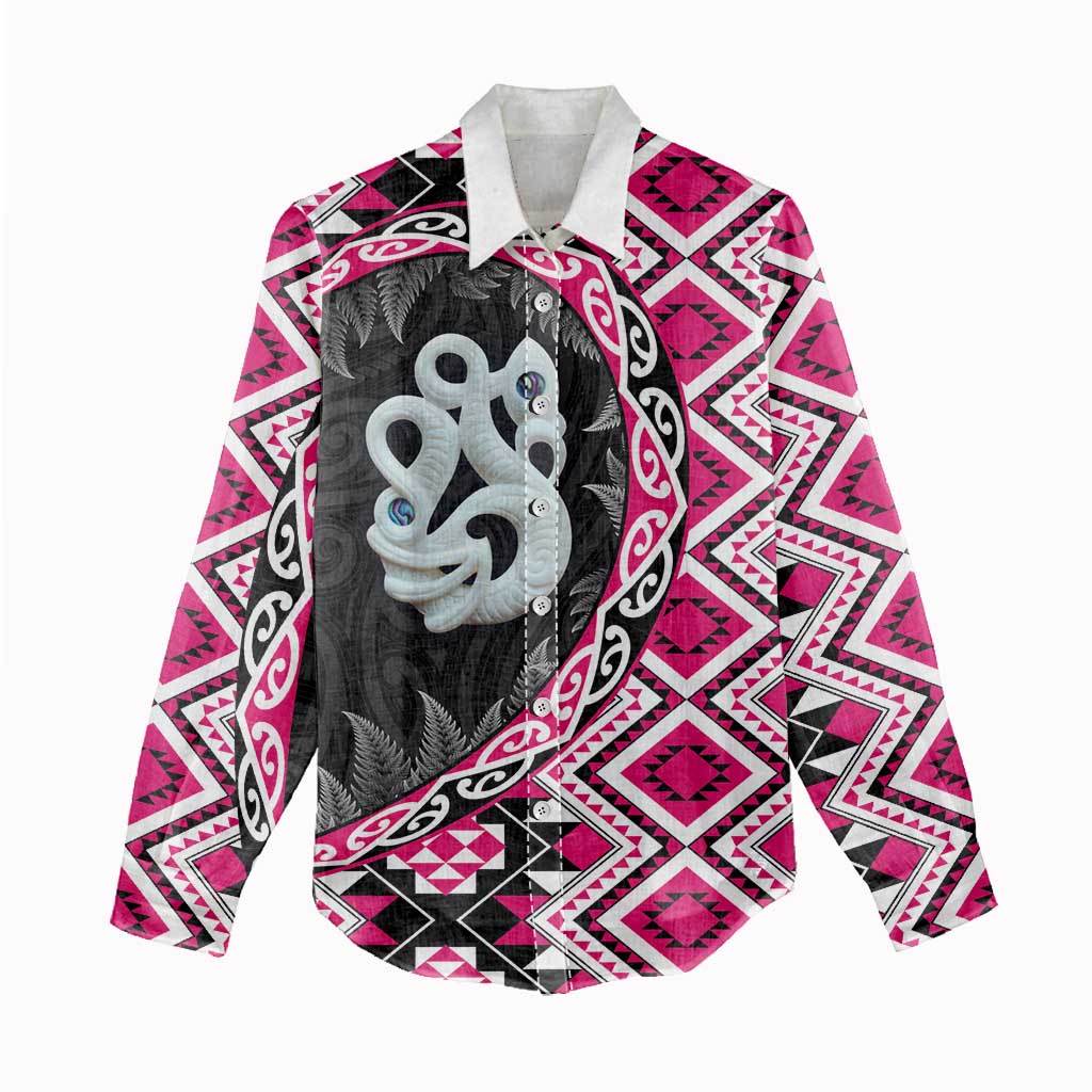 Pink Taniko Motif Aotearoa Manaia and Silver Fern Women Casual Shirt