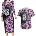 Purple Taniko Motif Aotearoa Manaia and Silver Fern Couples Matching Long Sleeve Bodycon Dress and Hawaiian Shirt