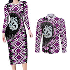 Purple Taniko Motif Aotearoa Manaia and Silver Fern Couples Matching Long Sleeve Bodycon Dress and Long Sleeve Button Shirt