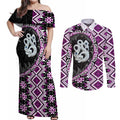 Purple Taniko Motif Aotearoa Manaia and Silver Fern Couples Matching Off Shoulder Maxi Dress and Long Sleeve Button Shirt