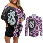 Purple Taniko Motif Aotearoa Manaia and Silver Fern Couples Matching Off Shoulder Short Dress and Long Sleeve Button Shirt