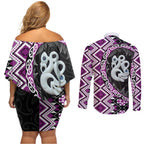 Purple Taniko Motif Aotearoa Manaia and Silver Fern Couples Matching Off Shoulder Short Dress and Long Sleeve Button Shirt