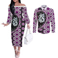 Purple Taniko Motif Aotearoa Manaia and Silver Fern Couples Matching Off The Shoulder Long Sleeve Dress and Long Sleeve Button Shirt