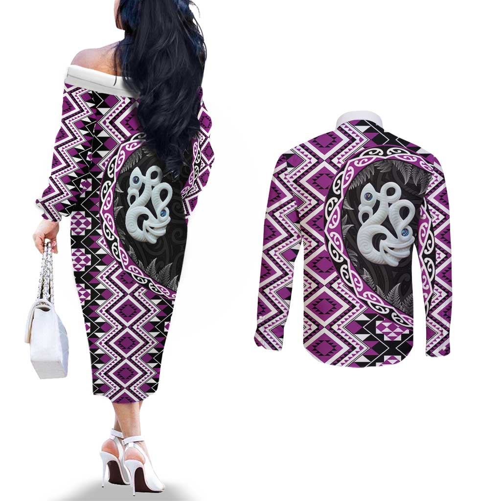 Purple Taniko Motif Aotearoa Manaia and Silver Fern Couples Matching Off The Shoulder Long Sleeve Dress and Long Sleeve Button Shirt