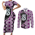 Purple Taniko Motif Aotearoa Manaia and Silver Fern Couples Matching Short Sleeve Bodycon Dress and Long Sleeve Button Shirt