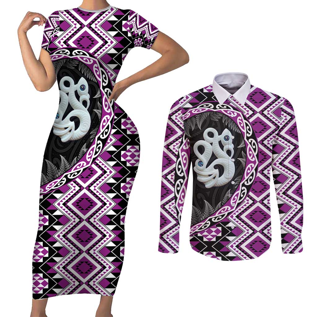 Purple Taniko Motif Aotearoa Manaia and Silver Fern Couples Matching Short Sleeve Bodycon Dress and Long Sleeve Button Shirt