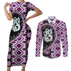 Purple Taniko Motif Aotearoa Manaia and Silver Fern Couples Matching Short Sleeve Bodycon Dress and Long Sleeve Button Shirt