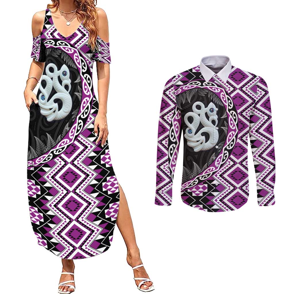 Purple Taniko Motif Aotearoa Manaia and Silver Fern Couples Matching Summer Maxi Dress and Long Sleeve Button Shirt
