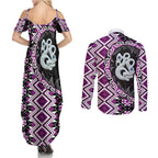 Purple Taniko Motif Aotearoa Manaia and Silver Fern Couples Matching Summer Maxi Dress and Long Sleeve Button Shirt