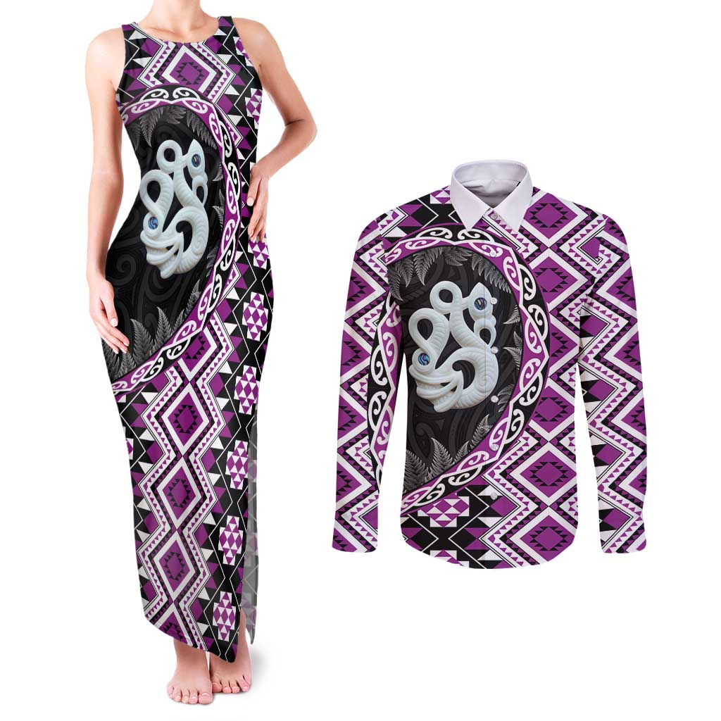 Purple Taniko Motif Aotearoa Manaia and Silver Fern Couples Matching Tank Maxi Dress and Long Sleeve Button Shirt