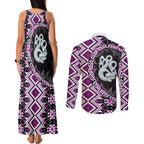 Purple Taniko Motif Aotearoa Manaia and Silver Fern Couples Matching Tank Maxi Dress and Long Sleeve Button Shirt