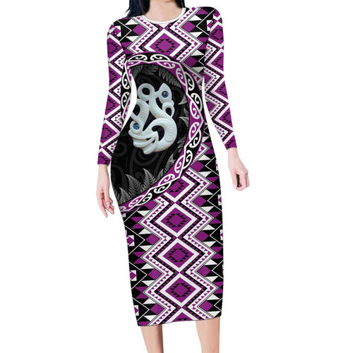 Purple Taniko Motif Aotearoa Manaia and Silver Fern Family Matching Long Sleeve Bodycon Dress and Hawaiian Shirt