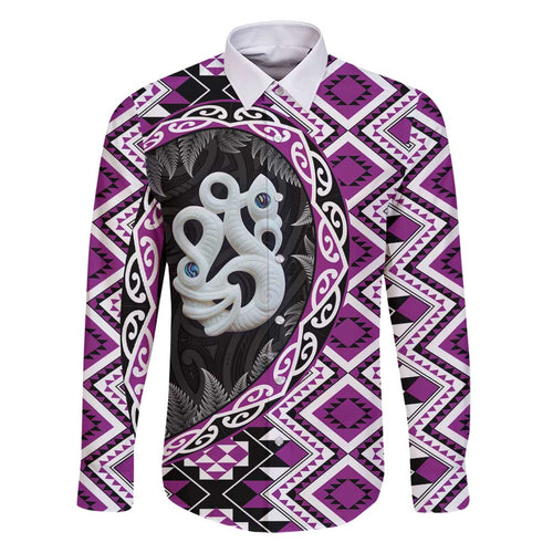 Purple Taniko Motif Aotearoa Manaia and Silver Fern Family Matching Mermaid Dress and Hawaiian Shirt