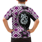 Purple Taniko Motif Aotearoa Manaia and Silver Fern Family Matching Off The Shoulder Long Sleeve Dress and Hawaiian Shirt