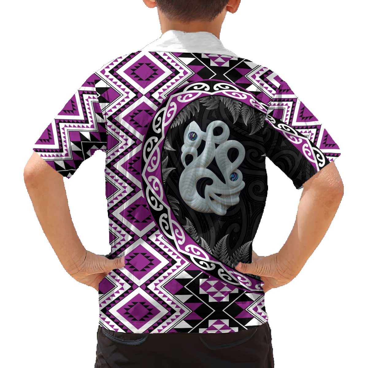 Purple Taniko Motif Aotearoa Manaia and Silver Fern Family Matching Off The Shoulder Long Sleeve Dress and Hawaiian Shirt