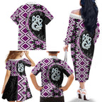 Purple Taniko Motif Aotearoa Manaia and Silver Fern Family Matching Off The Shoulder Long Sleeve Dress and Hawaiian Shirt