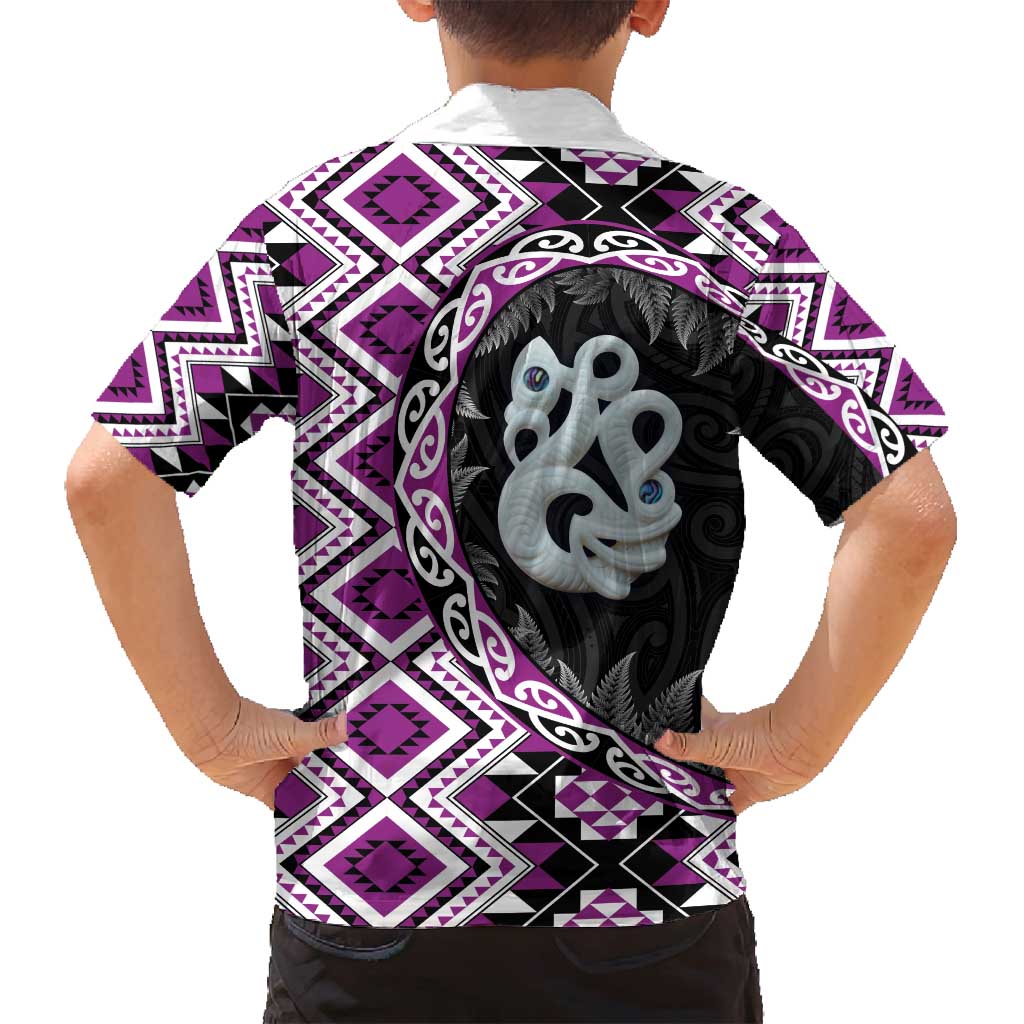 Purple Taniko Motif Aotearoa Manaia and Silver Fern Family Matching Off Shoulder Maxi Dress and Hawaiian Shirt