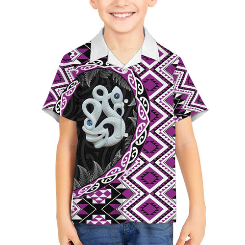 Purple Taniko Motif Aotearoa Manaia and Silver Fern Family Matching Off Shoulder Short Dress and Hawaiian Shirt