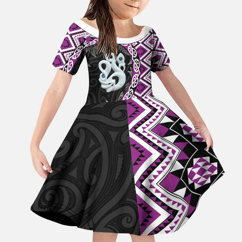 Purple Taniko Motif Aotearoa Manaia and Silver Fern Family Matching Puletasi and Hawaiian Shirt