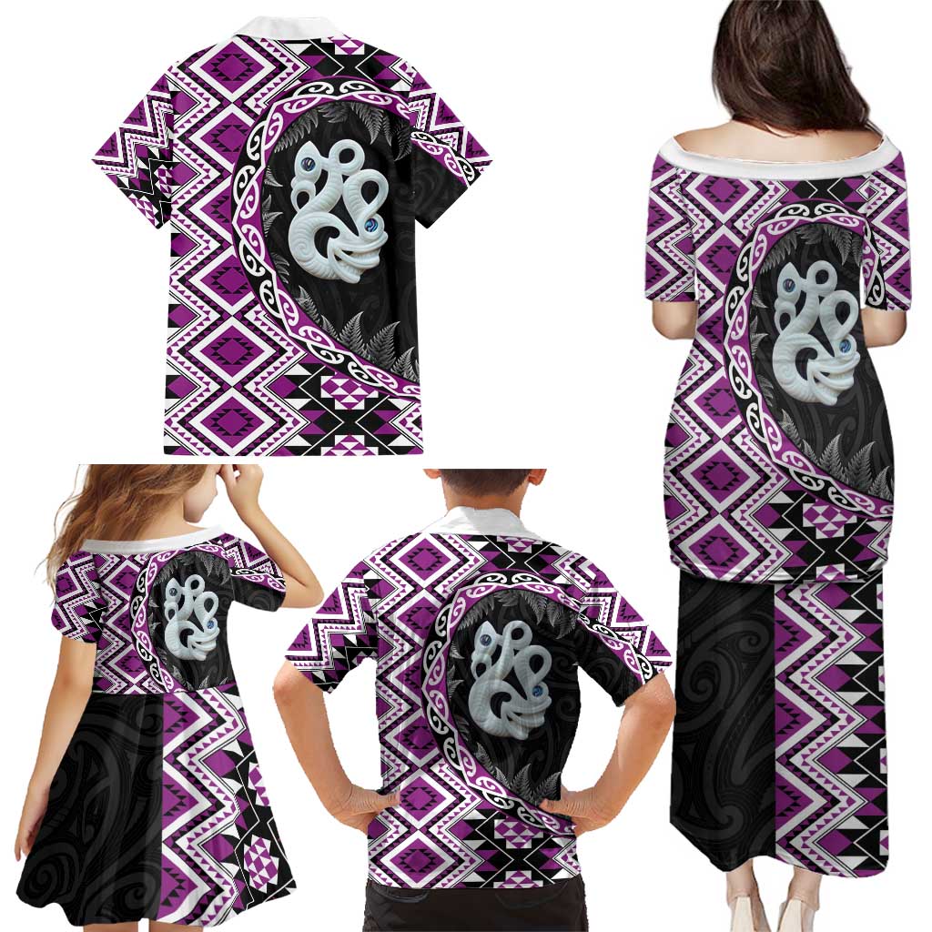 Purple Taniko Motif Aotearoa Manaia and Silver Fern Family Matching Puletasi and Hawaiian Shirt