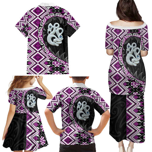 Purple Taniko Motif Aotearoa Manaia and Silver Fern Family Matching Puletasi and Hawaiian Shirt