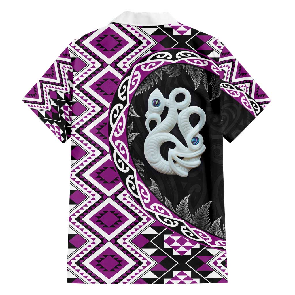 Purple Taniko Motif Aotearoa Manaia and Silver Fern Family Matching Short Sleeve Bodycon Dress and Hawaiian Shirt
